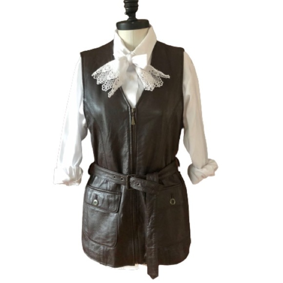 Brown Leather Vest Belted Riding Longline Safari Sleeveless Otello Pelle Small - Picture 13 of 16